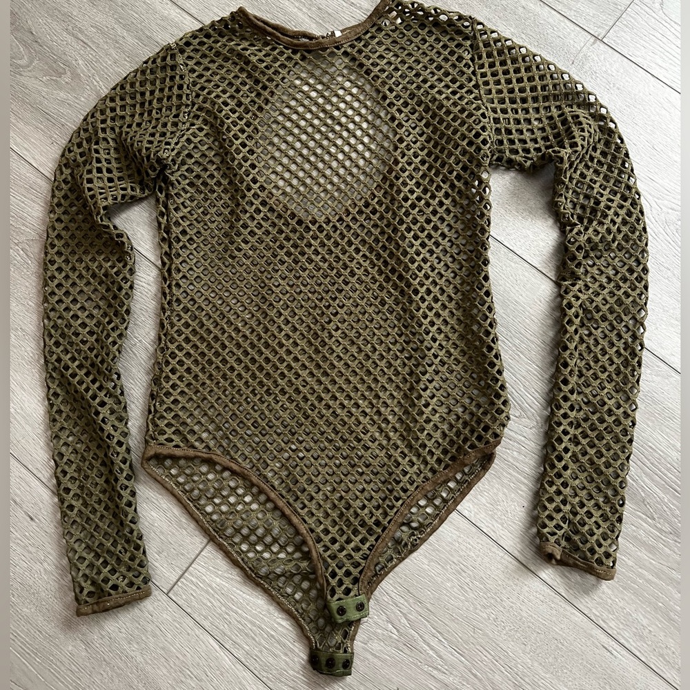 Women’s Olive/Army Green Long-sleeve Net Bodysuit
